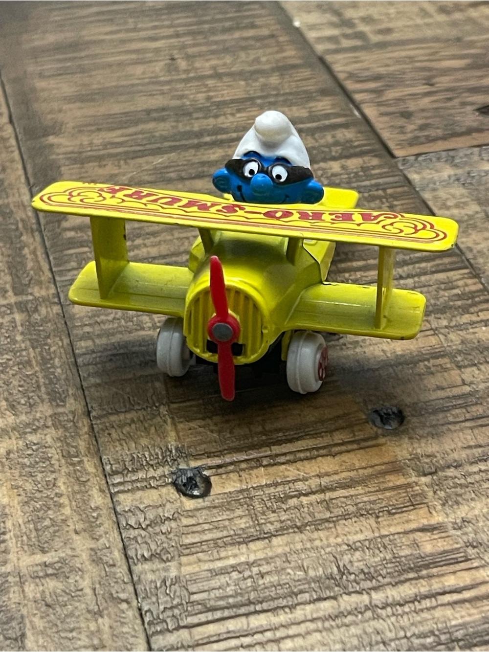 Vintage 1982 ERTL Smurfs Die-Cast #2 Aero-Smurf Yellow Biplane
